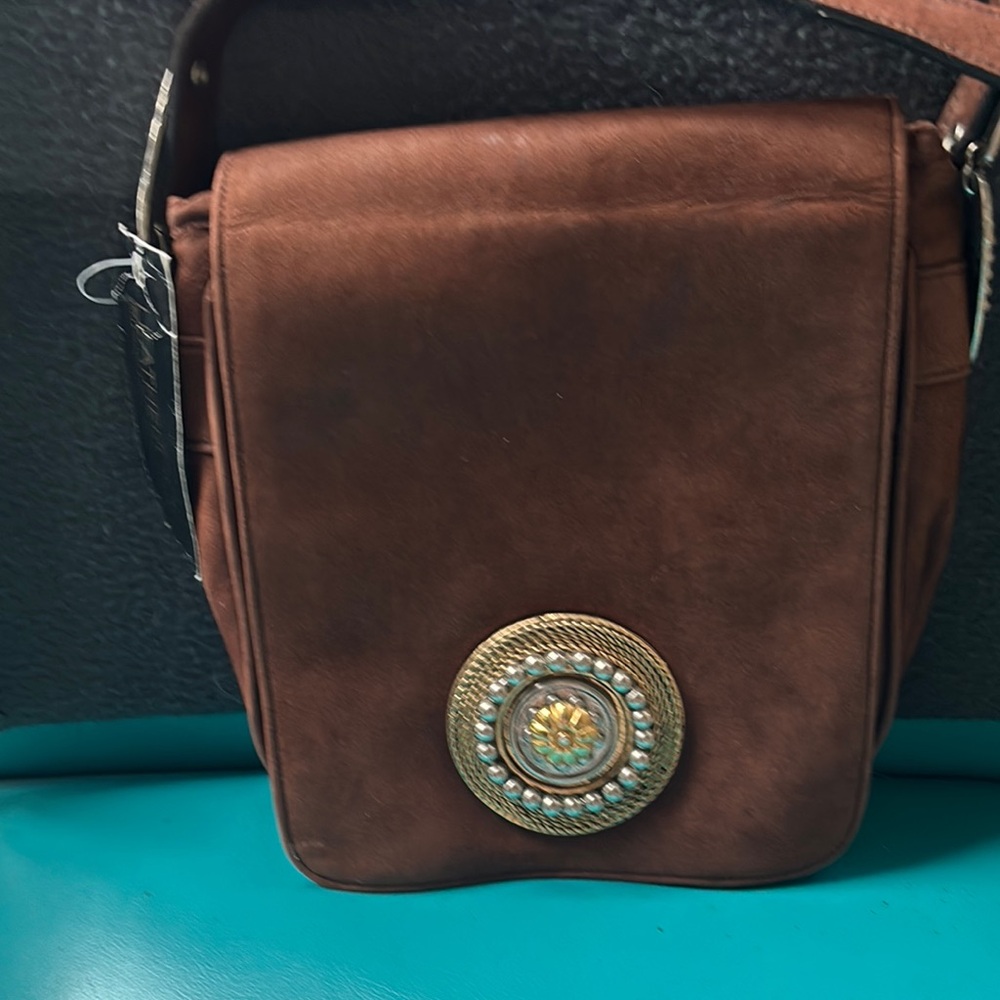 Leatherock Brown Messenger Bag with Decorative Emblem